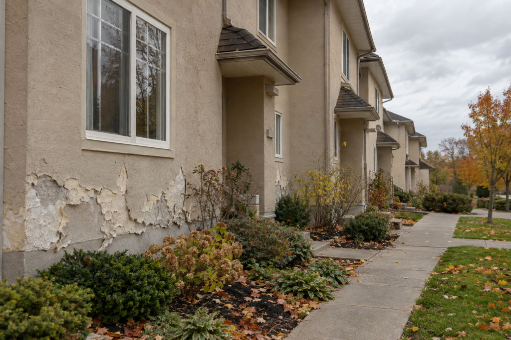 Stucco townhouses with coating peeling in sheets under the windows