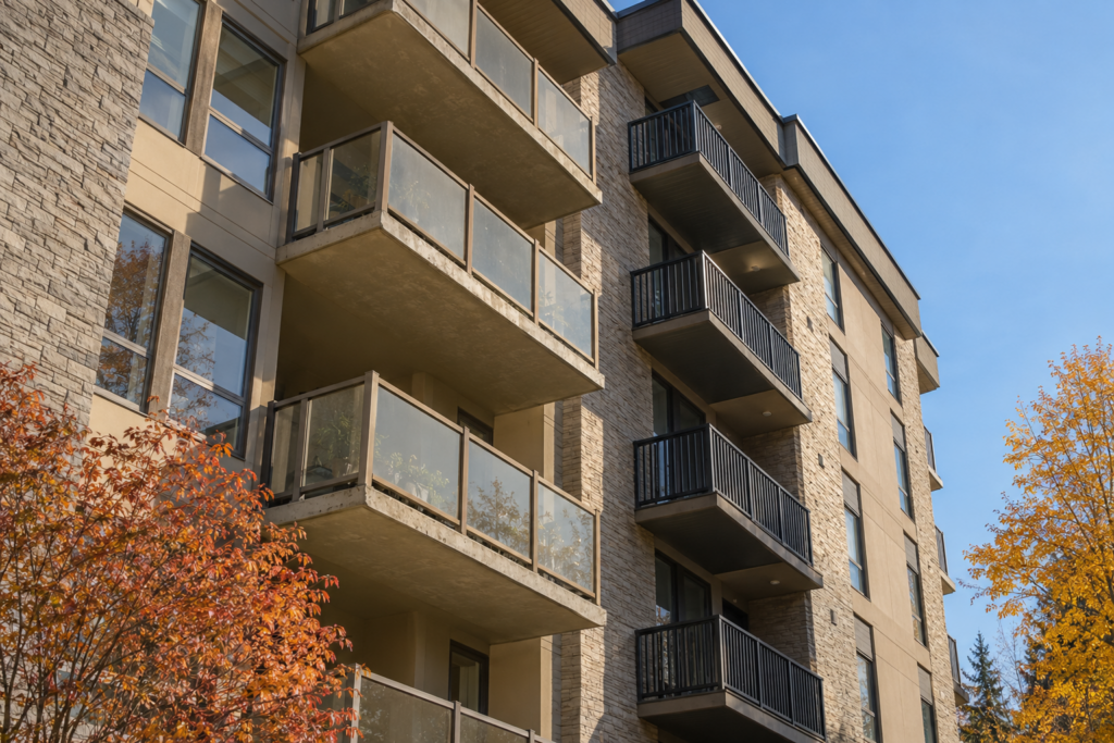 Condo balcony stack with faded aluminum railings