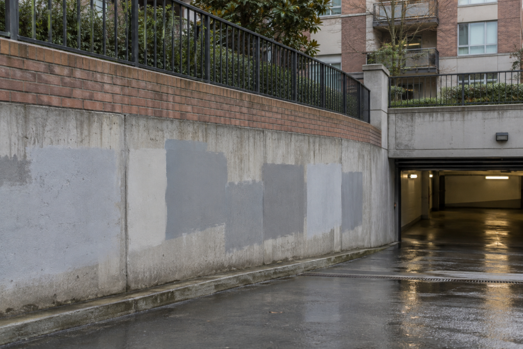Condo garage ramp wall with mismatched grey paint patches over old graffiti