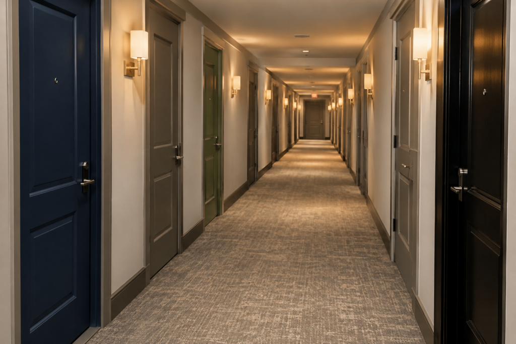 Condo corridor with suite doors painted in mismatched colours