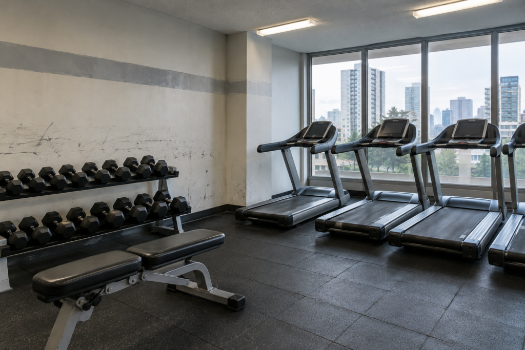 Condo fitness room with scuffed painted wall behind dumbbell rack