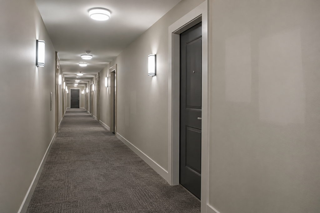 Condo corridor under bright LED lights with patchy beige walls
