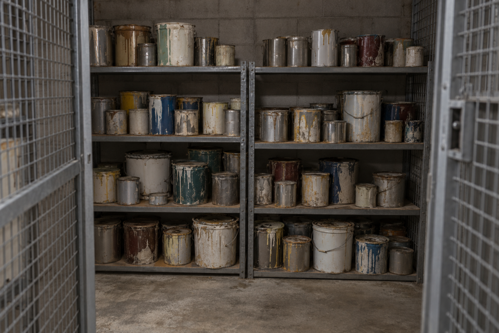 Storage cage full of mismatched, unlabelled paint cans in a condo parkade