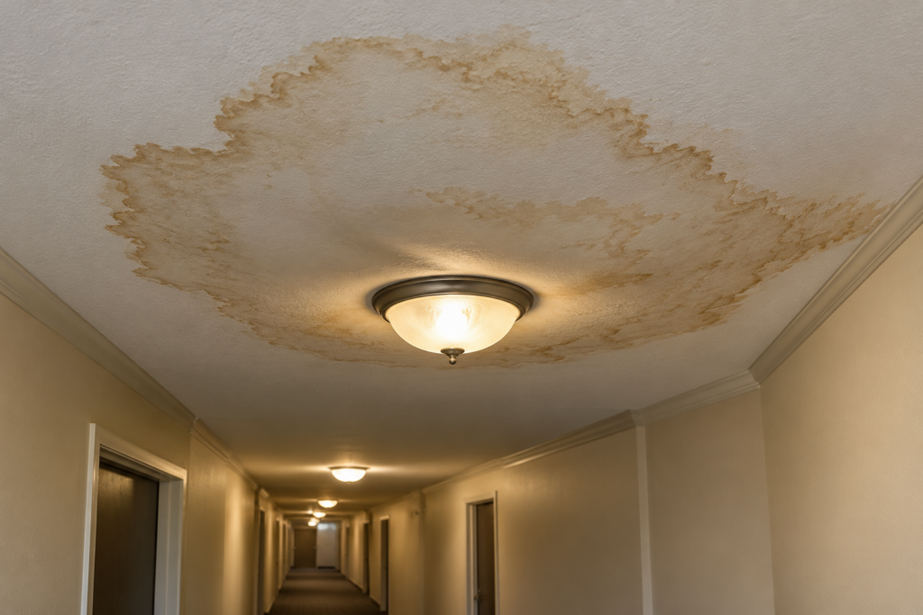 Water-stained condo corridor ceiling around a light fixture