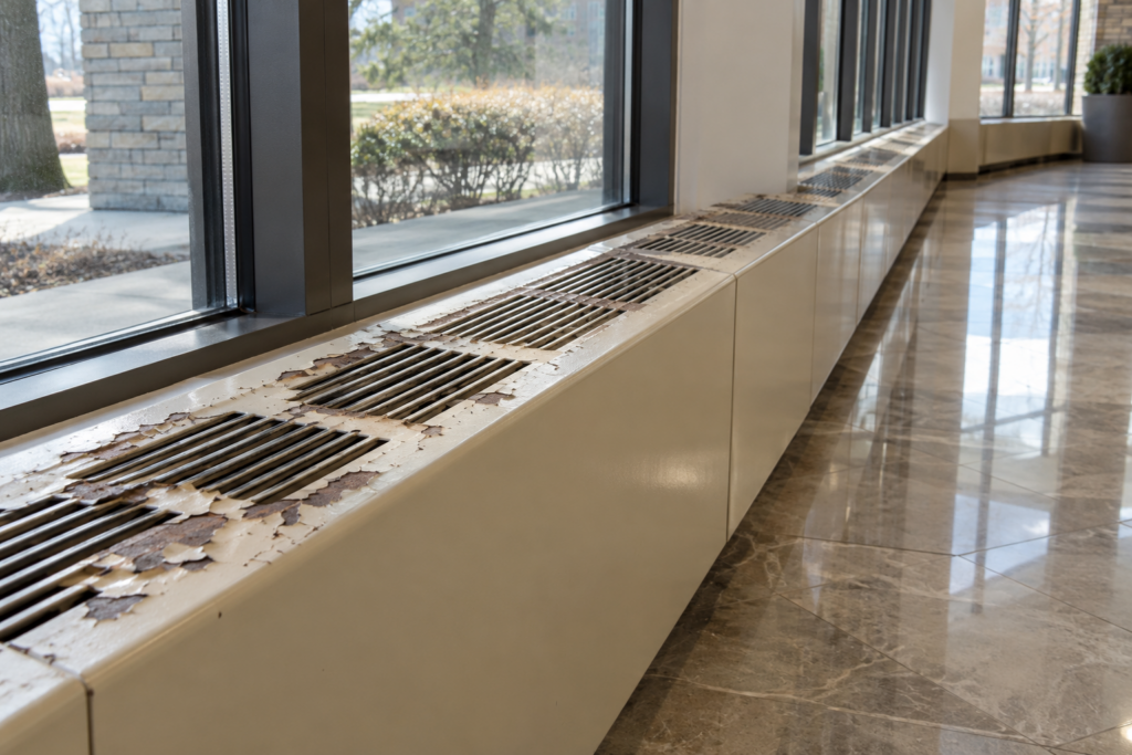 Peeling, discoloured paint on condo lobby convector heater covers