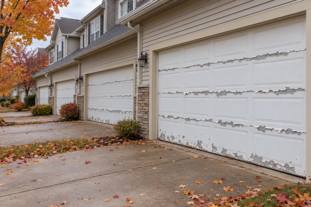 Townhouse steel garage doors with paint peeling along panel seams