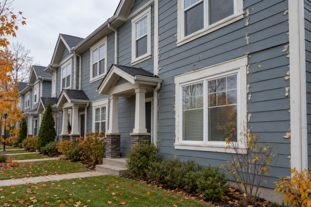 Townhouses with fibre cement siding peeling at the joints