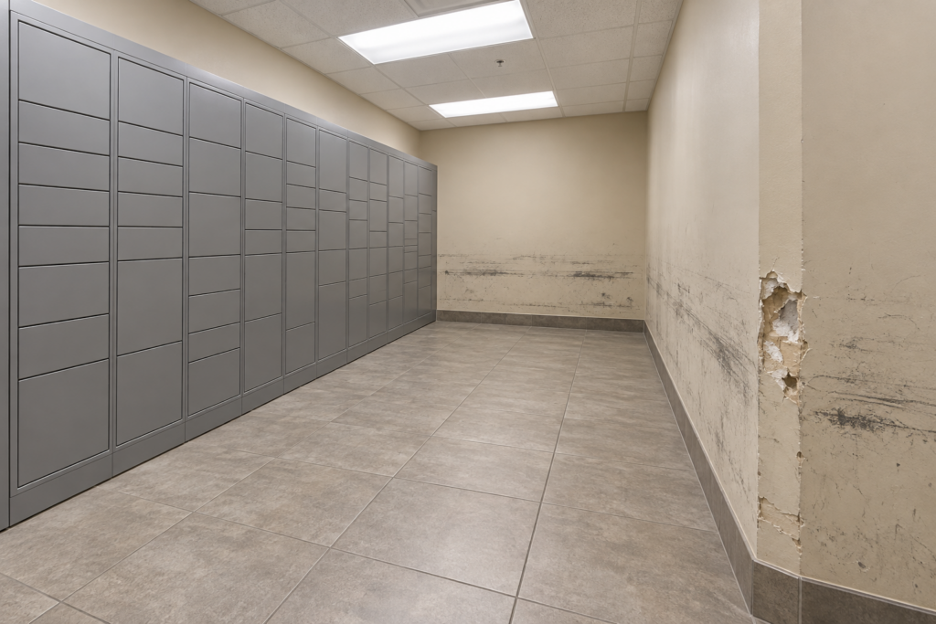 Condo package room walls scuffed and gouged by delivery carts