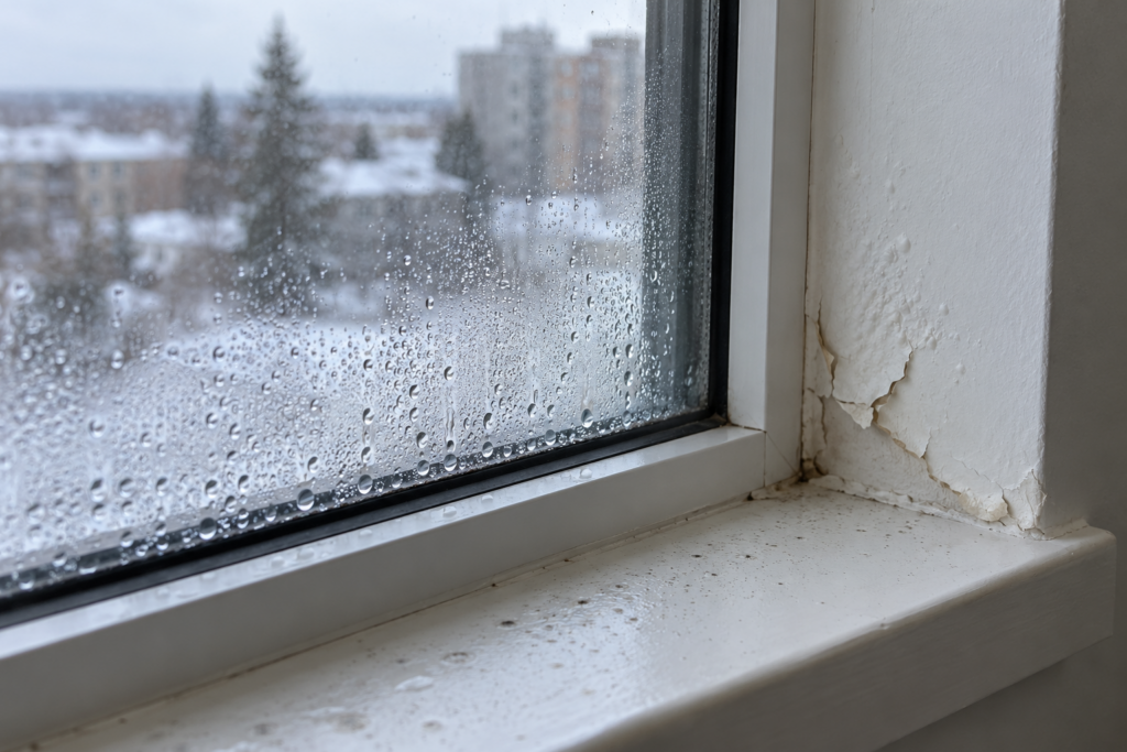 Condensation on a condo window with peeling paint on the drywall return