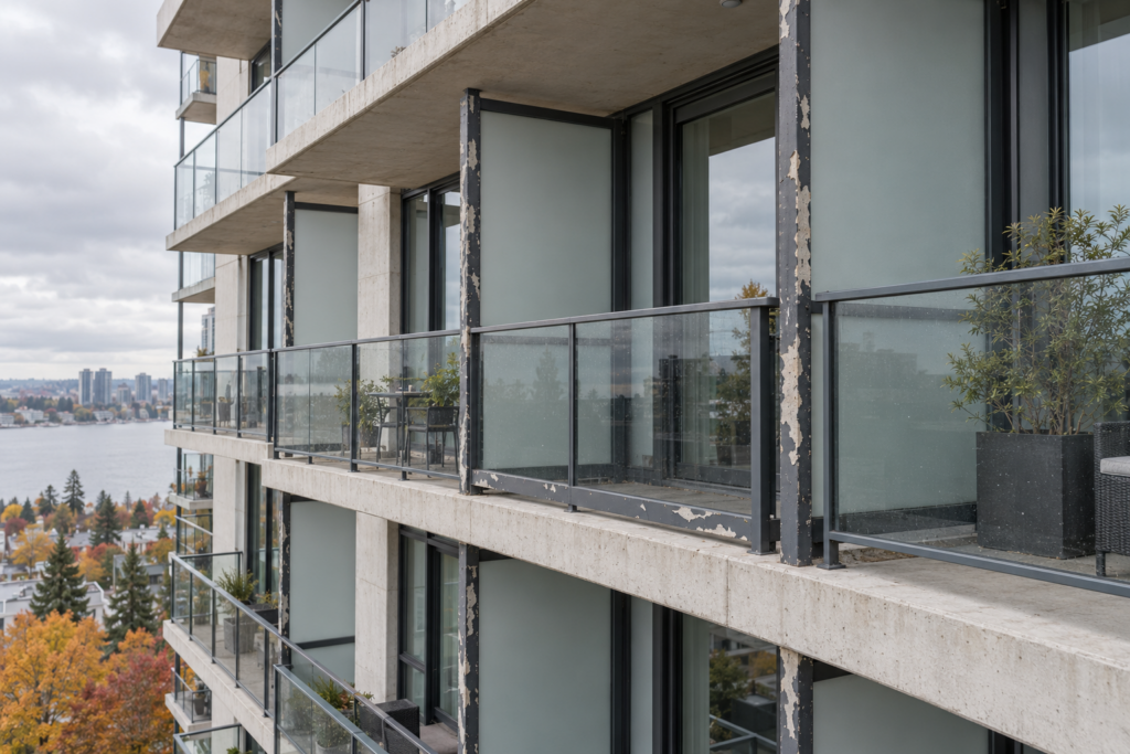 Condo balcony privacy dividers with peeling paint