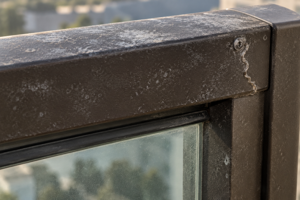 Chalky powder coat on an aluminum balcony railing