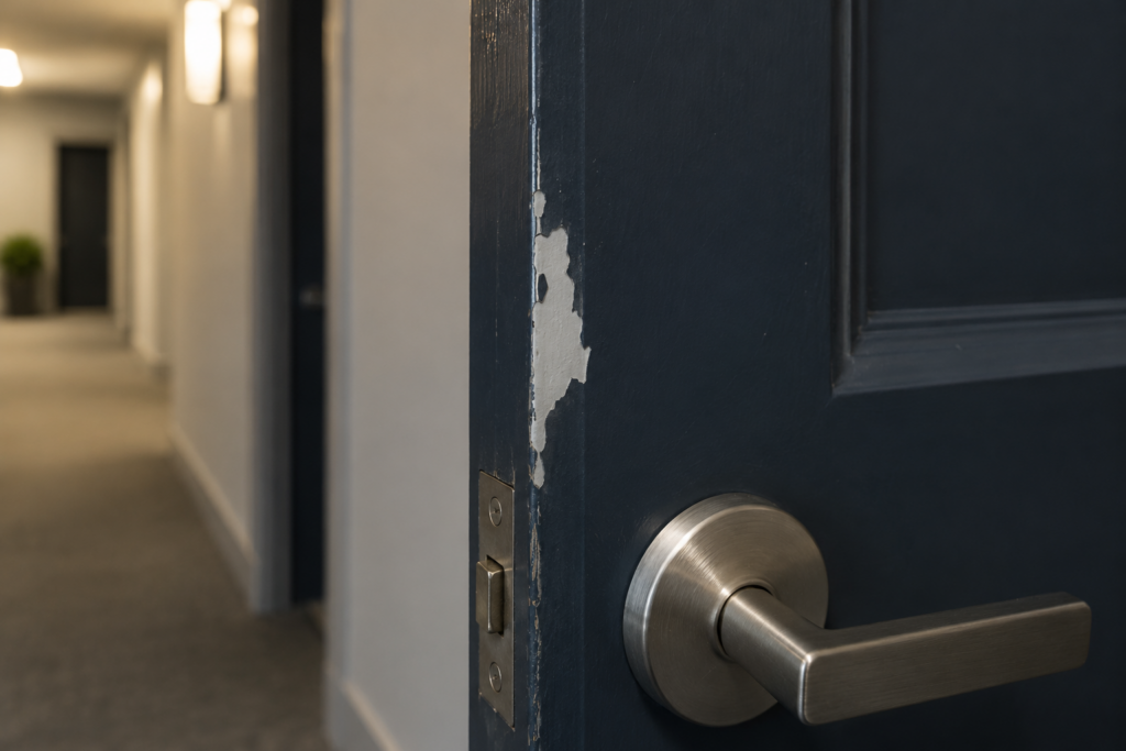 Navy paint peeling off a condo suite door edge