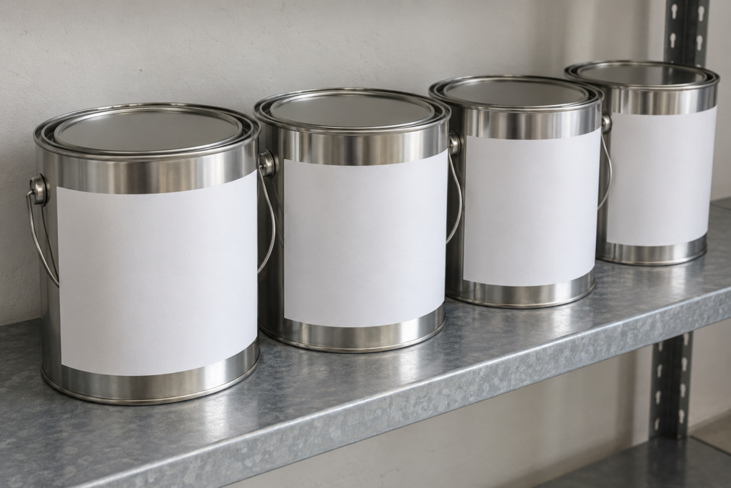 Row of sealed, labelled paint cans on a storage shelf