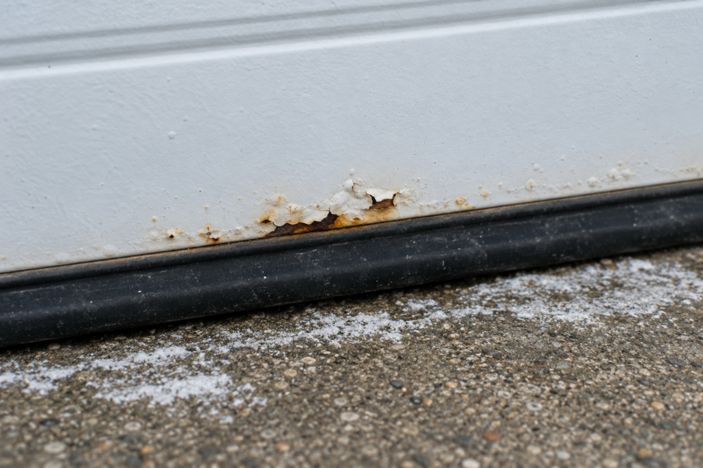 Rust blisters on the bottom edge of a steel garage door