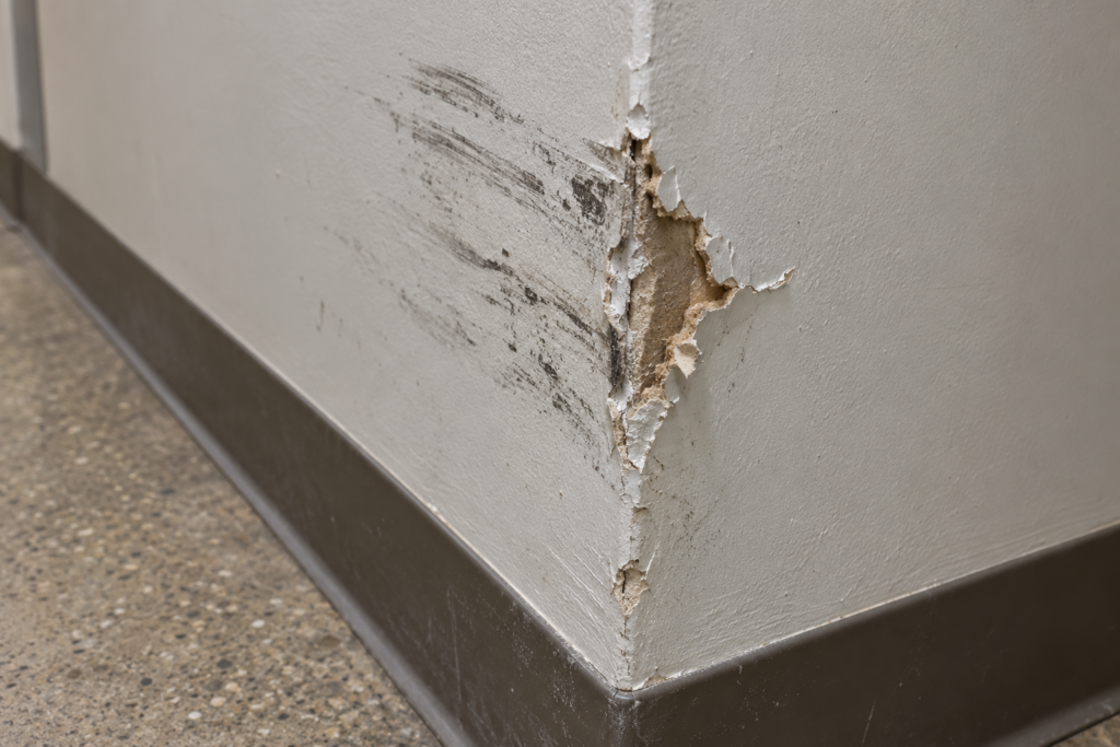 Crushed drywall corner with scuff marks in a service corridor