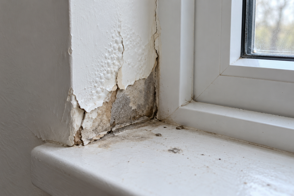 Blistered paint and stained drywall at the corner of a window return