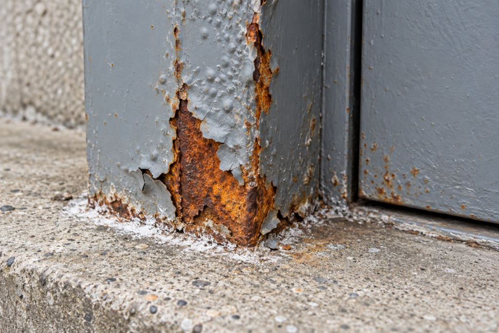 Close-up of bubbled paint and rust at the base of a steel door frame
